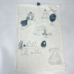 IKEA Tea Towel Quirky Illustration Bird Creatures Print White Black Oppna Stanga